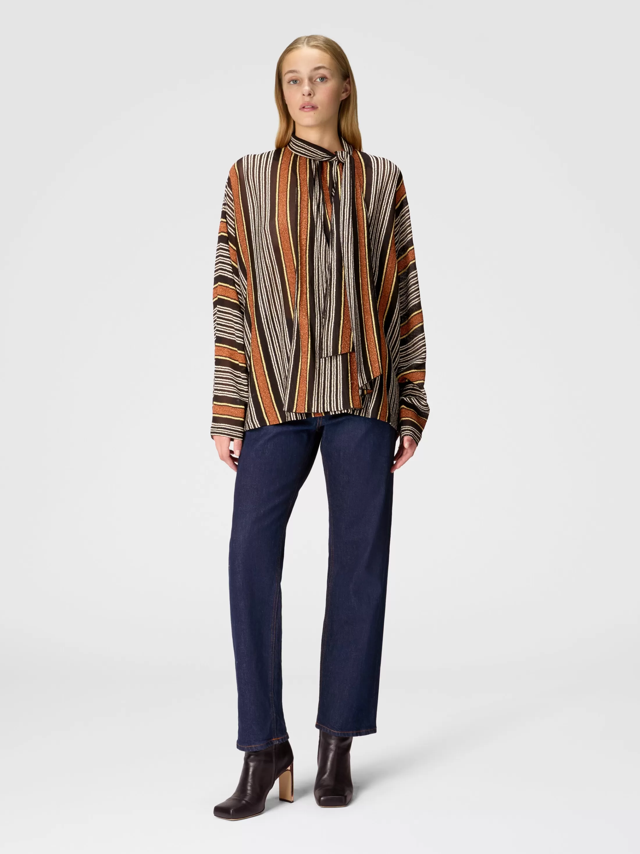 Sale Blouse with scarf collar in lamé striped viscose Blouses & Shirts