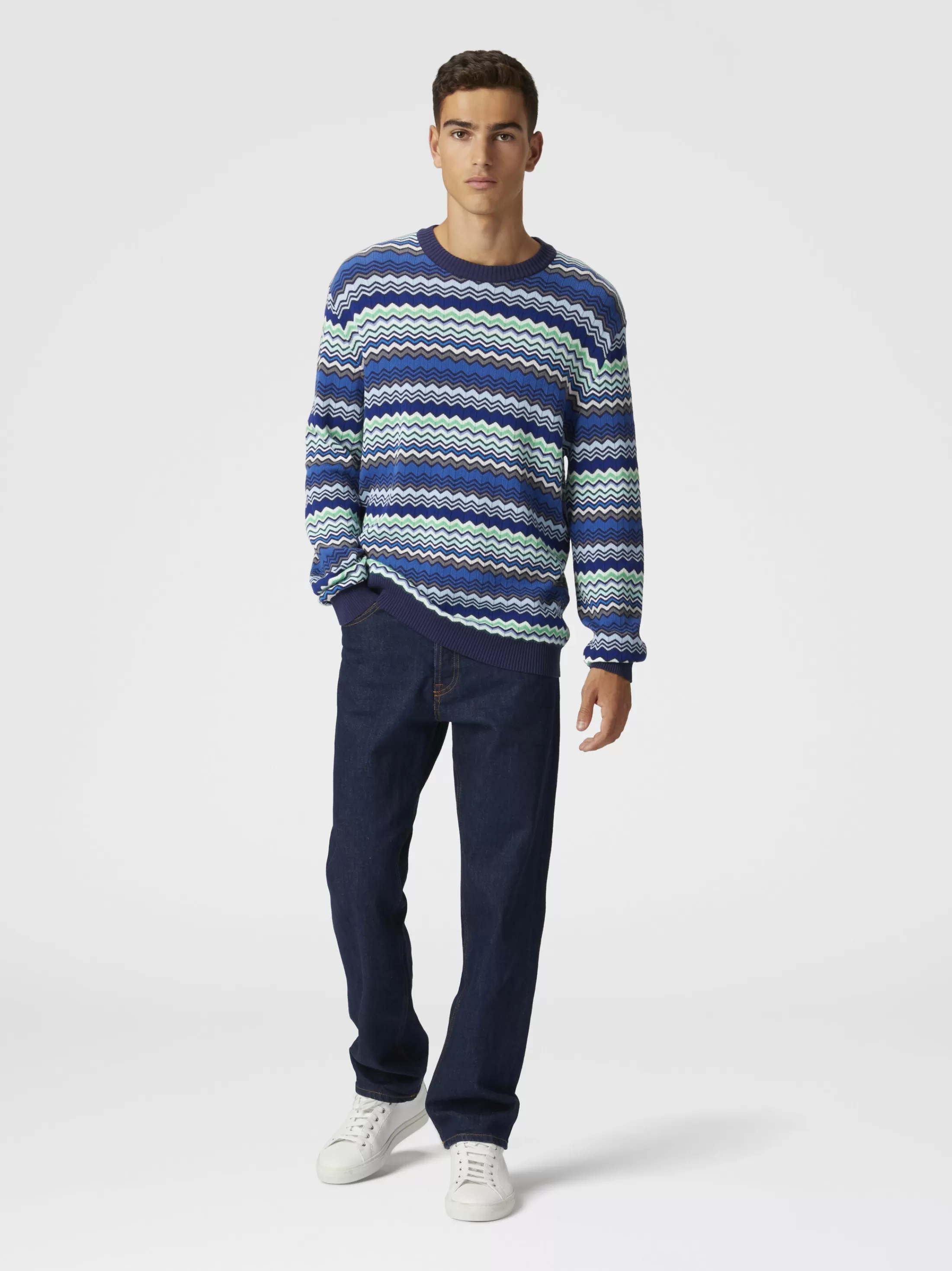 Best Sale Cotton crew-neck pullover with micro zigzag and contrasting piping Knitwear