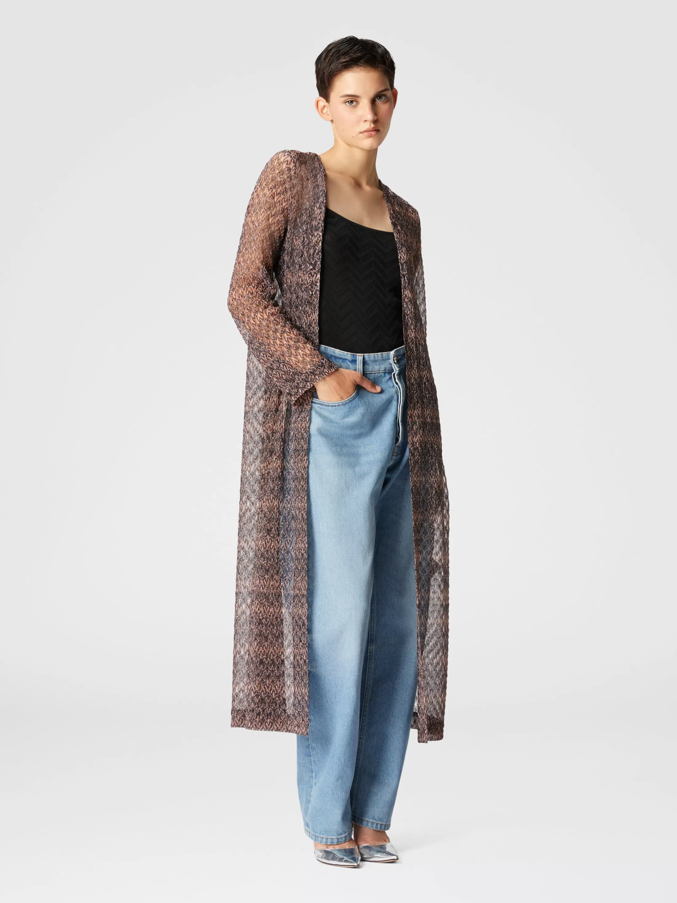 Clearance Long cardigan with lamé lace motif Knitwear