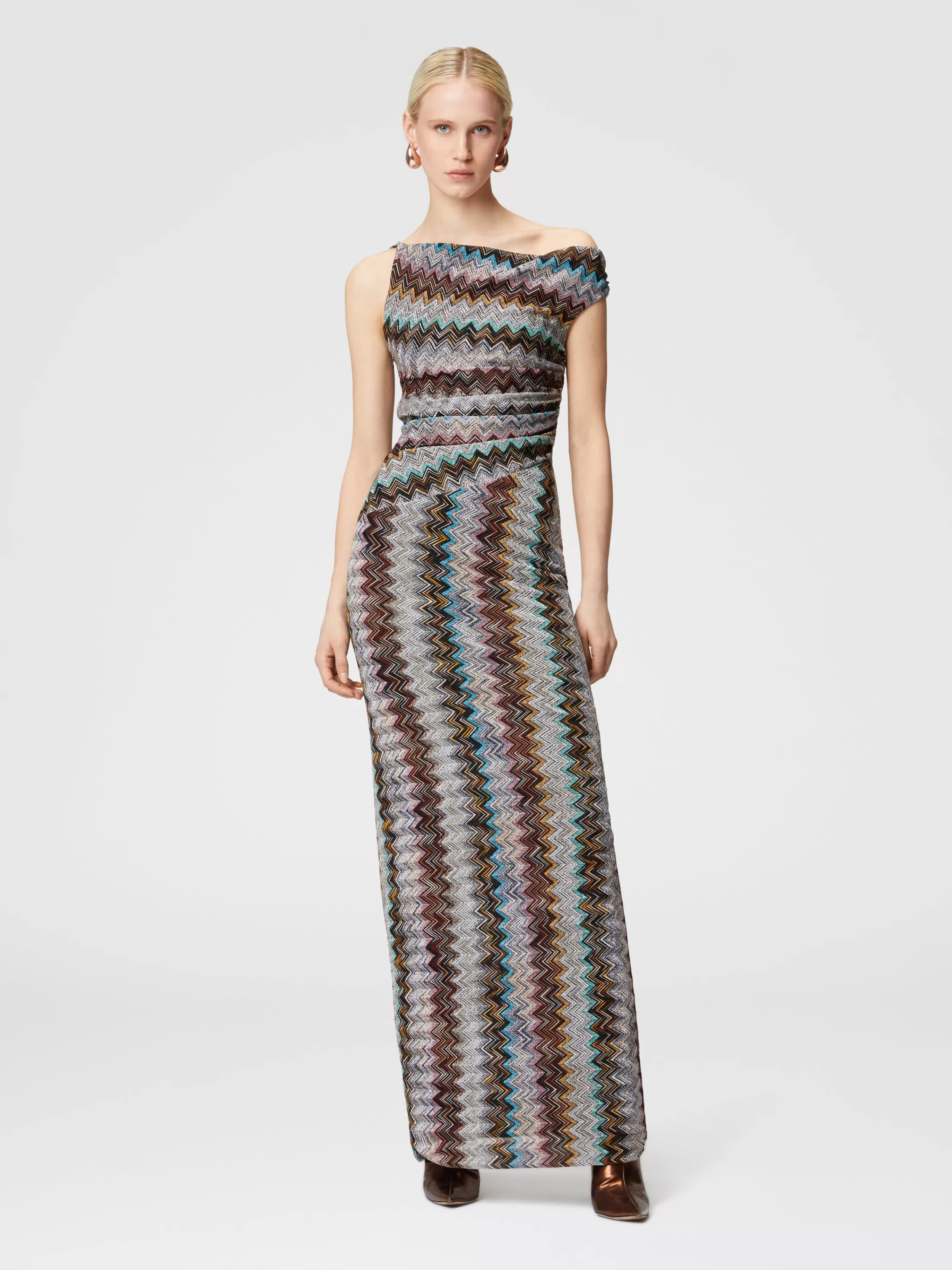 Best Long zigzag lamé dress with asymmetrical neckline Dresses