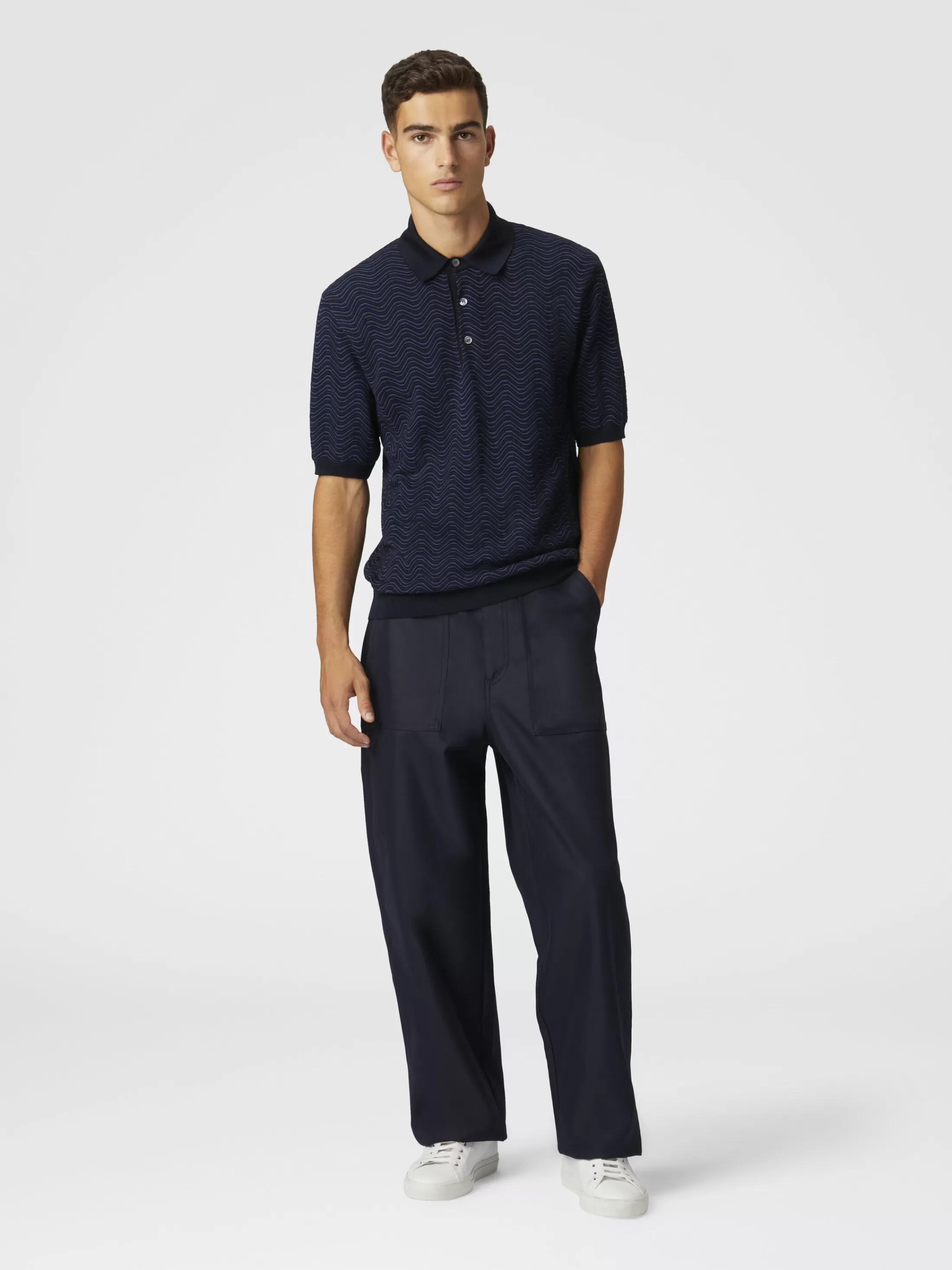 Clearance Virgin wool and viscose polo shirt with wave motif Polos & T-Shirts